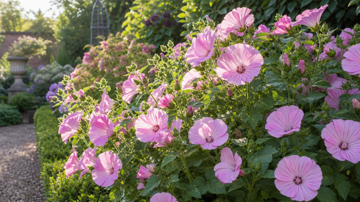 a sunlit garden border filled with pale pink Lavatera Barnsley Baby flowers,…
