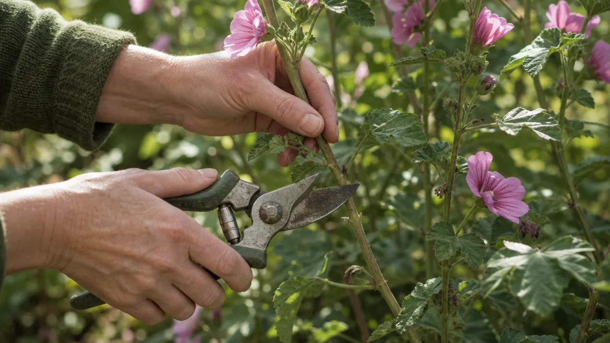 a close-up of hands carefully pruning Lavatera shrub stems with secateurs, dappled…