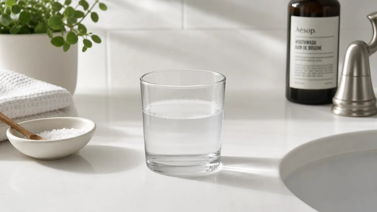 a glass of warm saltwater rinse on a clean white bathroom counter,…