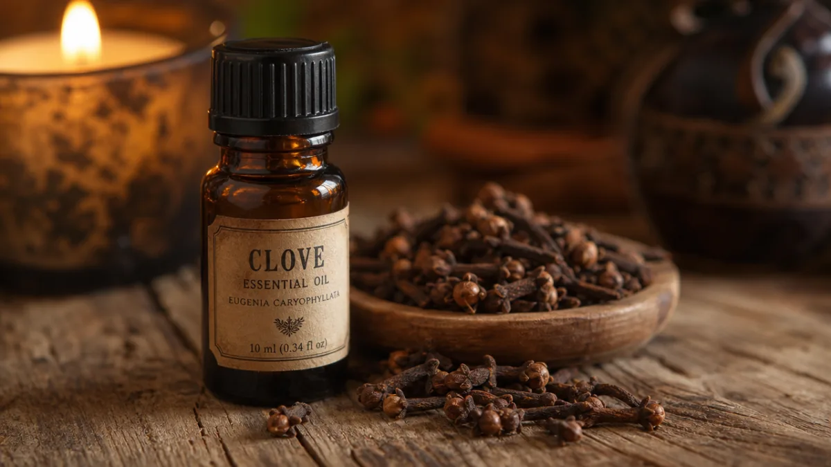 small amber bottle of clove essential oil beside dried cloves on rustic…