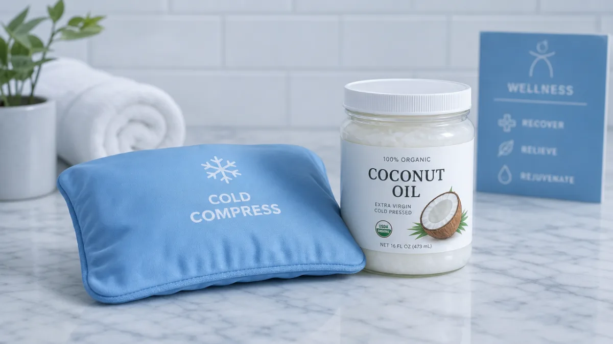 a cold compress and coconut oil jar on a clean marble surface,…