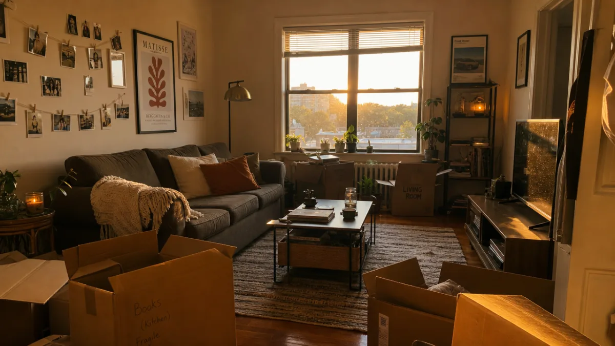 a cozy first apartment living room with warm golden hour light, personal…