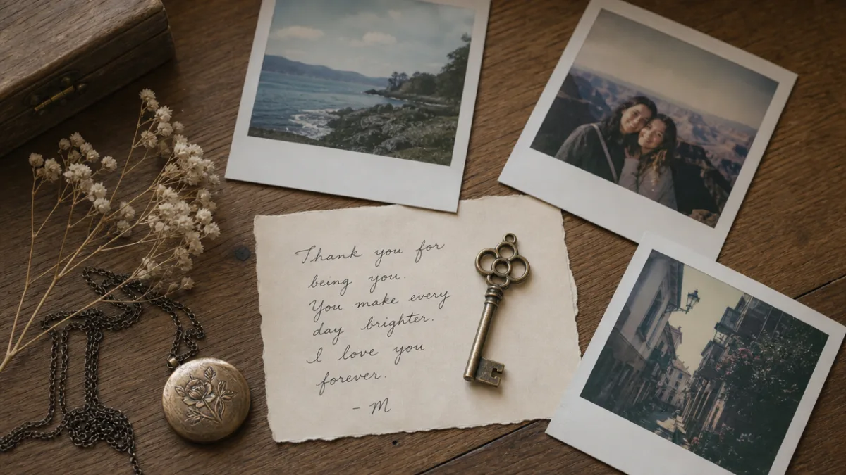a flat lay of sentimental keepsakes including a small key, polaroid photos,…