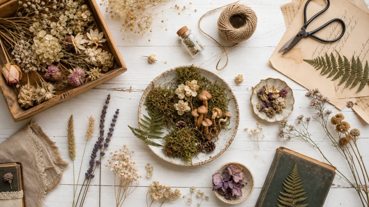 a flat lay of dried flowers, moss, tiny mushrooms, and craft supplies…