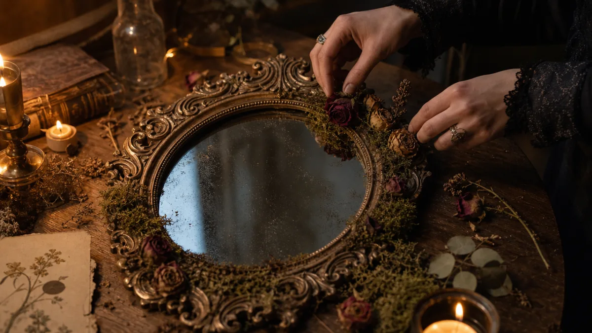 a partially decorated vintage mirror frame with dried roses and moss being…