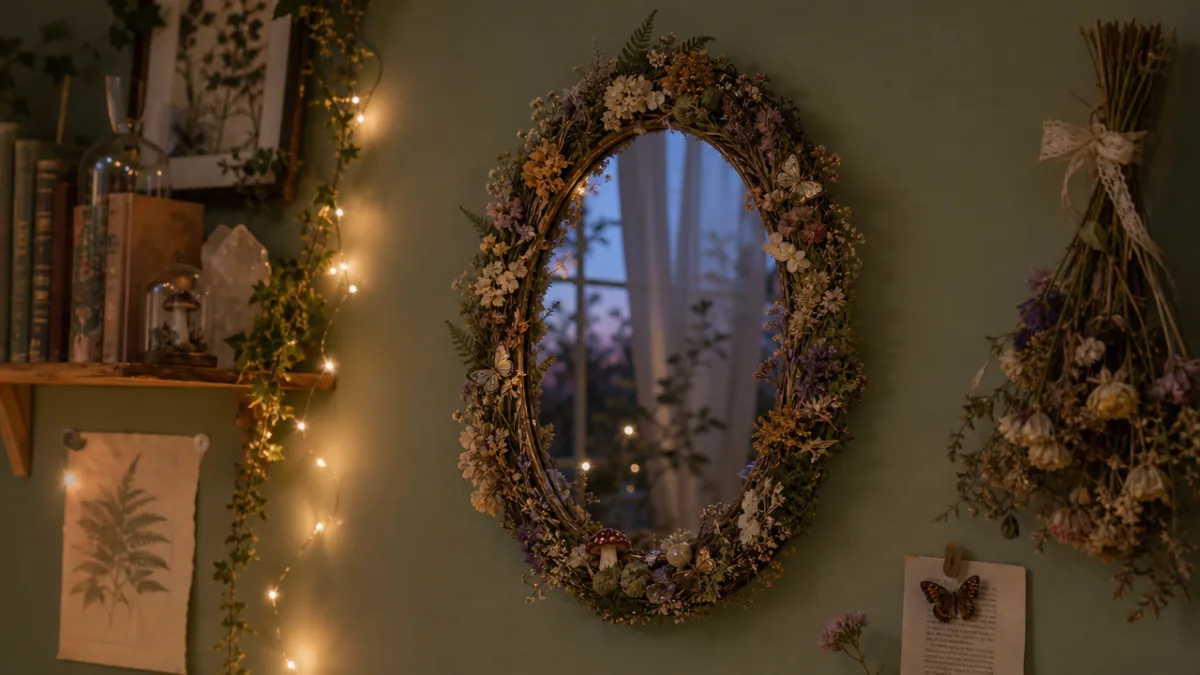 a finished fairycore mirror decorated with dried flowers displayed on a soft…