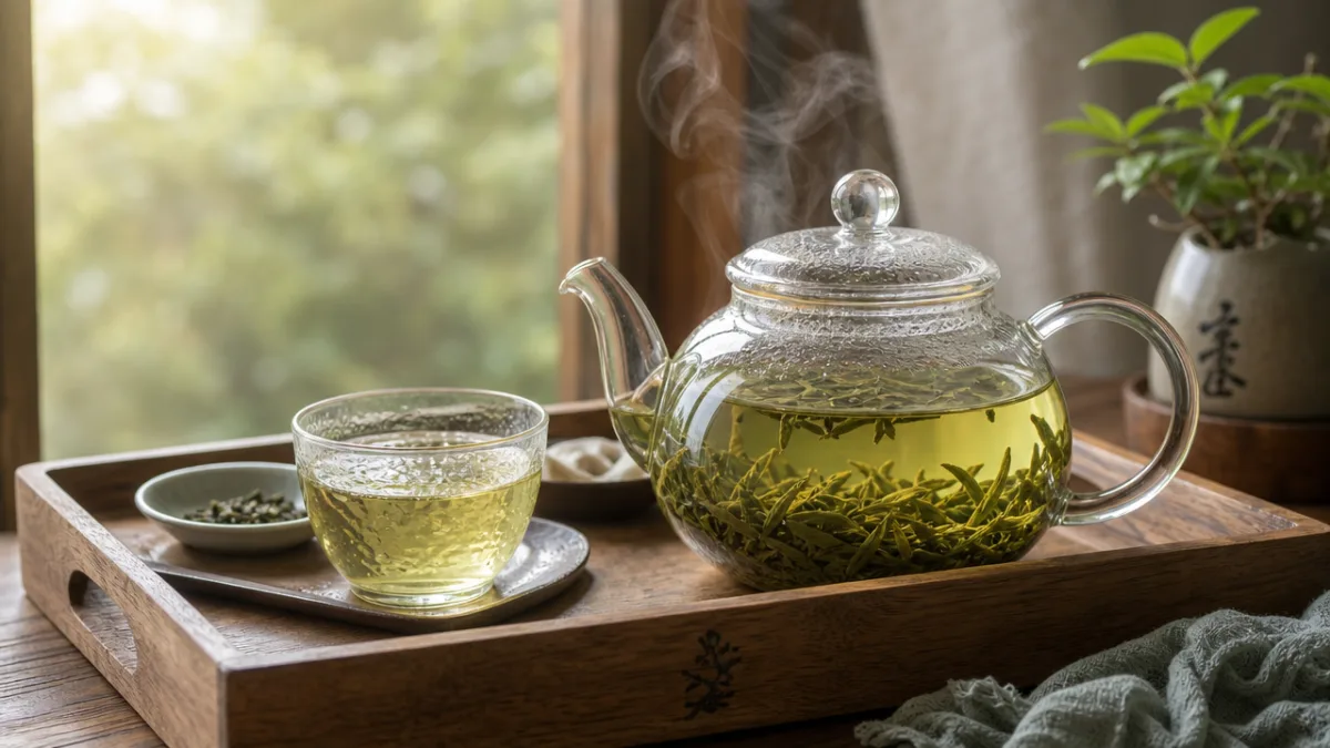 a wooden tray with glass teapot steeping green tea leaves, soft morning…