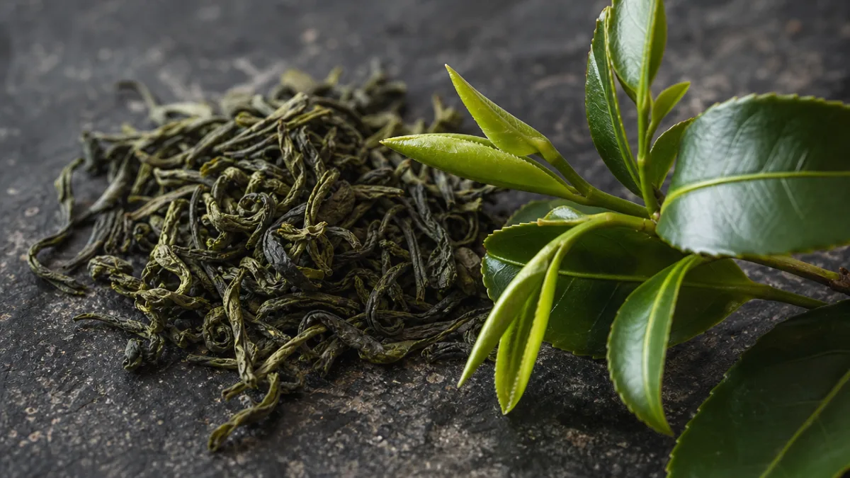 close-up of dried green tea leaves and fresh Camellia sinensis plant buds…