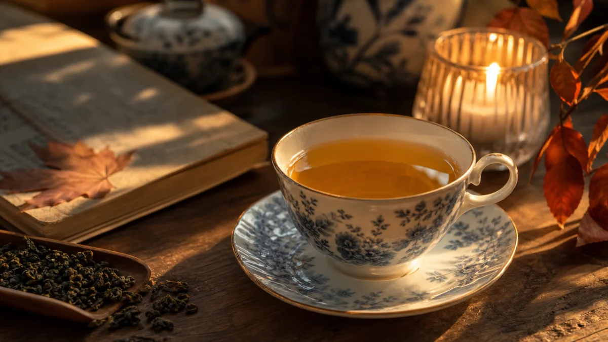 elegant ceramic teacup with golden brewed oolong tea on wooden table, warm…