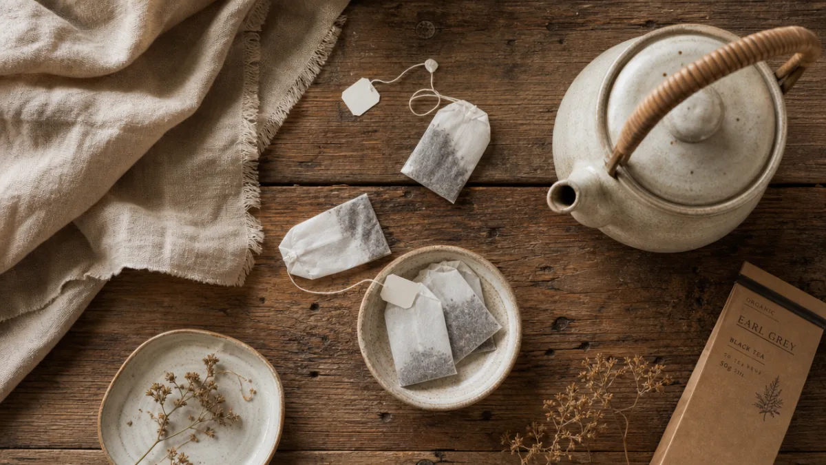 an overhead flat lay of tea bags, linen fabric, and a ceramic…