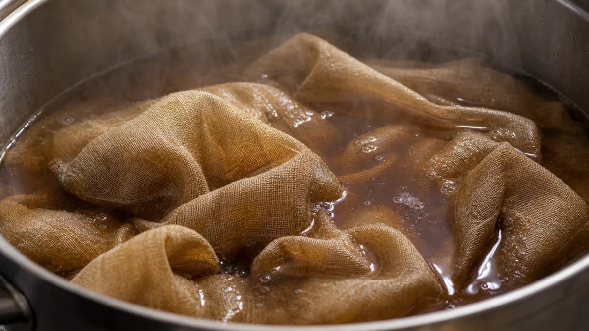 close-up of linen fabric being submerged in a deep amber tea bath…