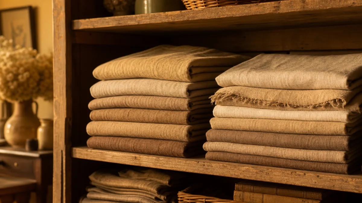 neatly folded vintage-toned tea-dyed linen fabric stacked on a wooden shelf, warm…