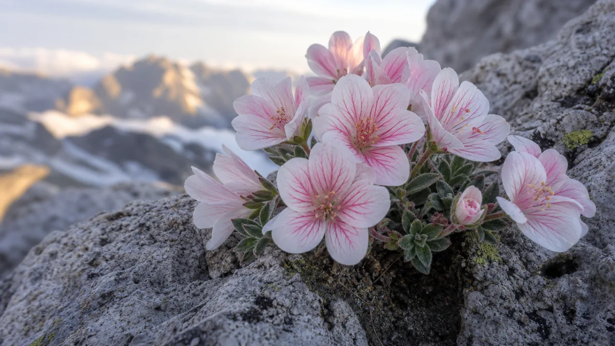 a close-up of pink and white alpine flowers on rocky granite, soft…