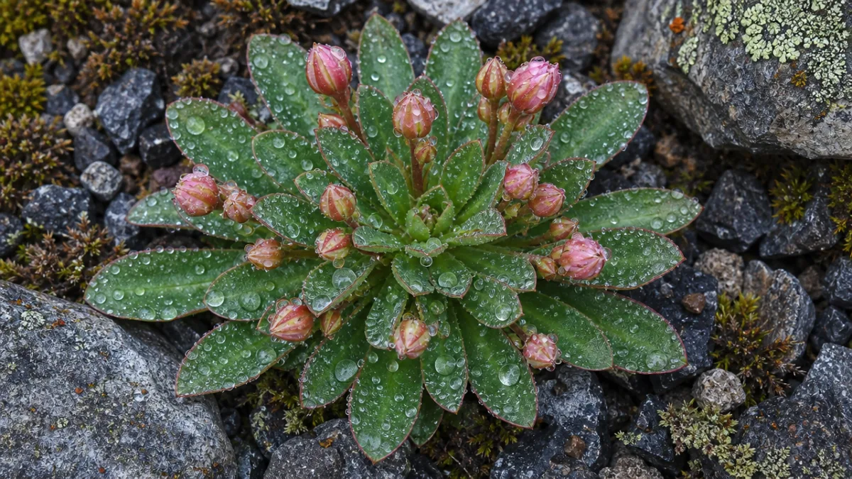 a detailed overhead view of a compact lewisia rosette with multiple buds,…