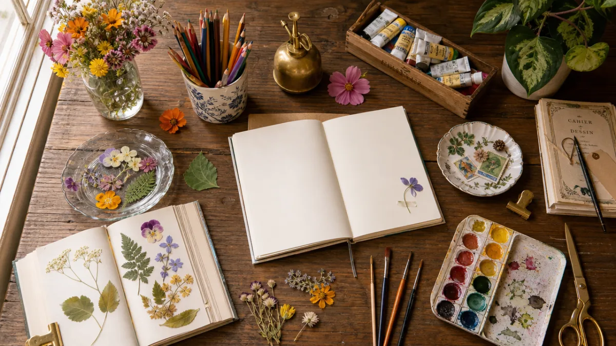 a flat lay of colorful art supplies, pressed flowers, leaves, and blank…