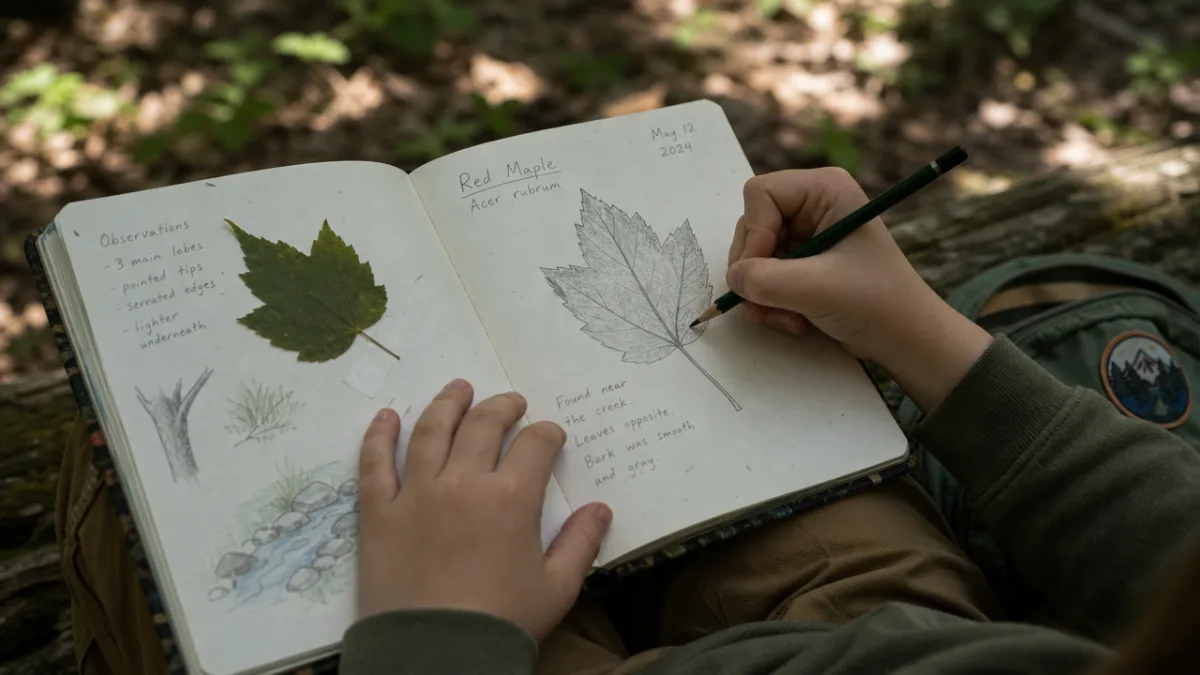 a child's hands sketching a leaf in an open nature journal outdoors,…