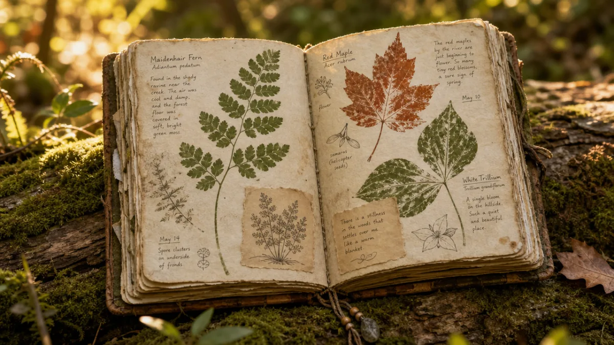 a completed handmade nature journal open to pages filled with leaf prints…