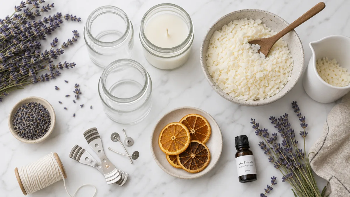a flat lay of candle making supplies including glass jars, soy wax…