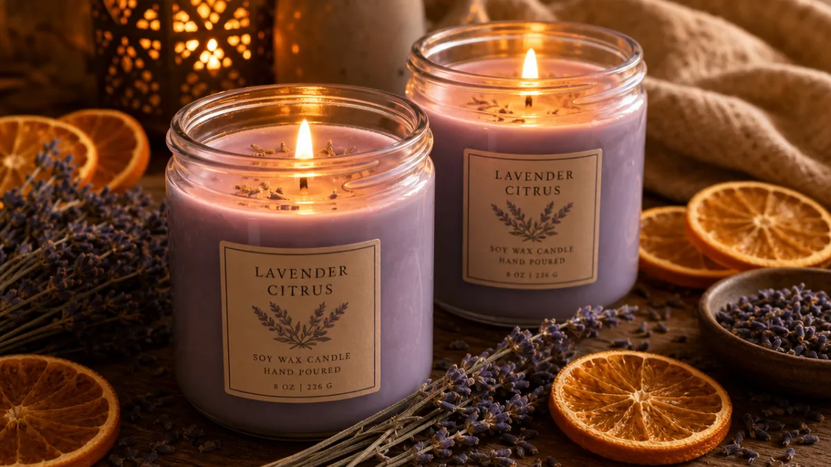 a pair of lit lavender citrus candles in glass jars surrounded by…