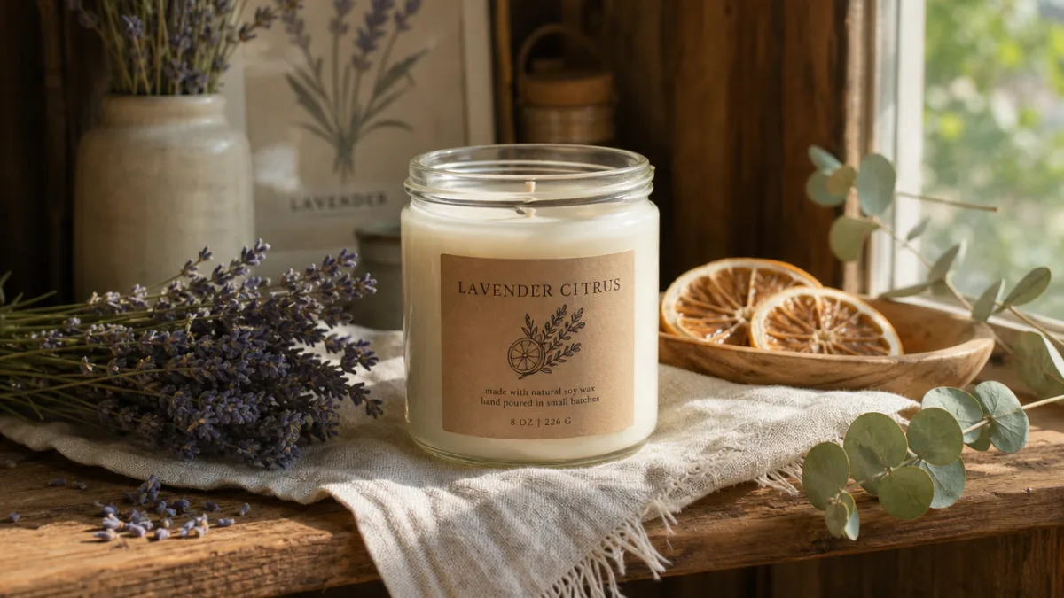 a finished lavender citrus candle with a kraft paper label displayed on…
