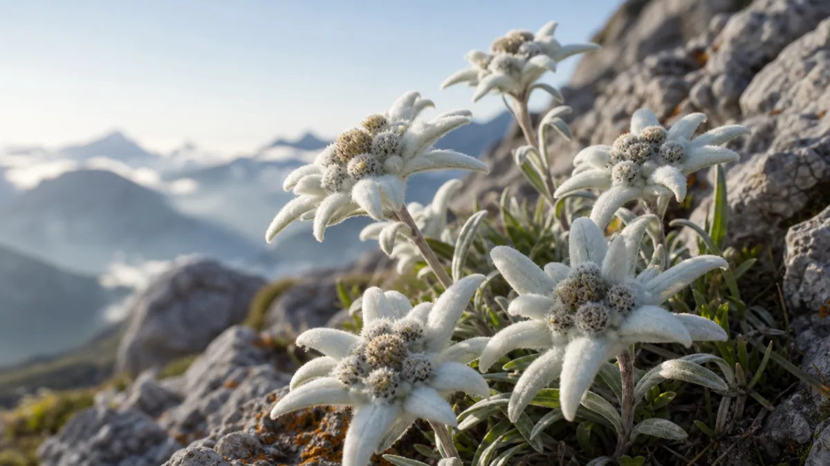 a close-up of edelweiss flowers on a rocky alpine slope, soft morning…