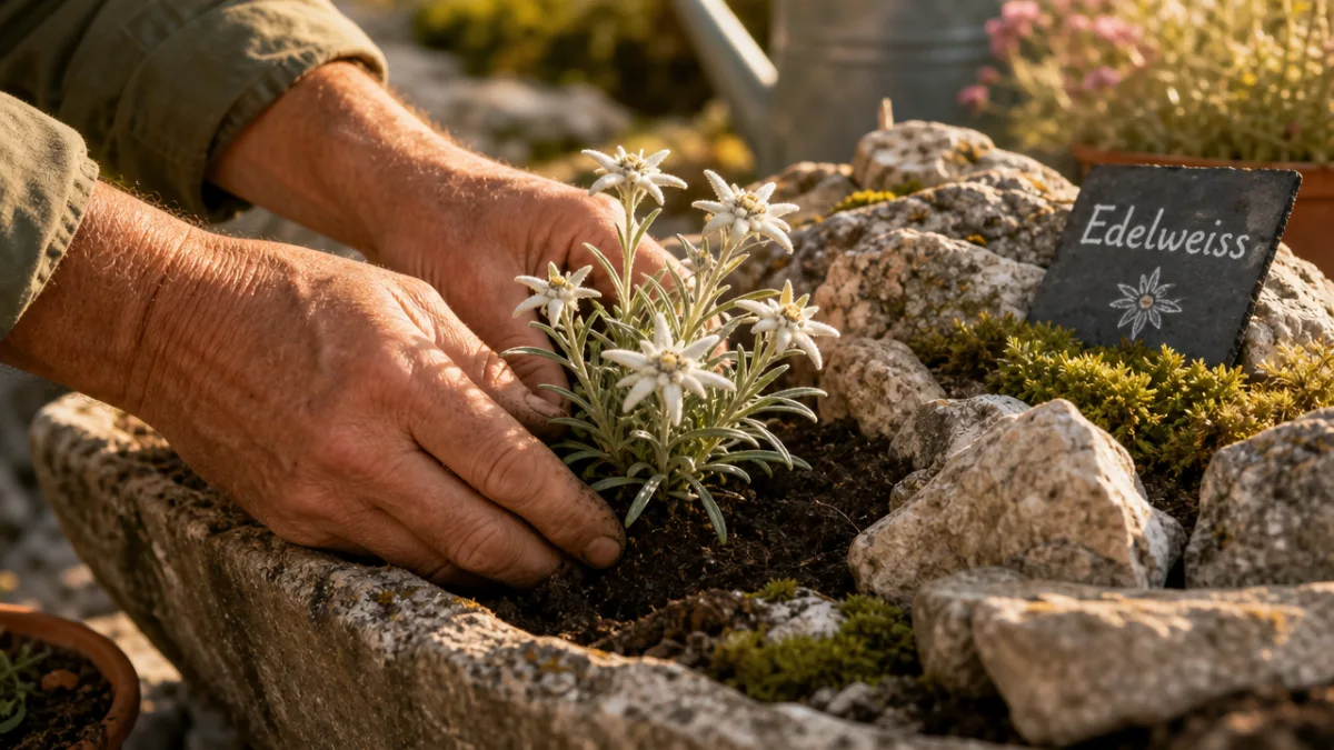 a gardener's hands carefully planting edelweiss in a rocky trough container, warm…