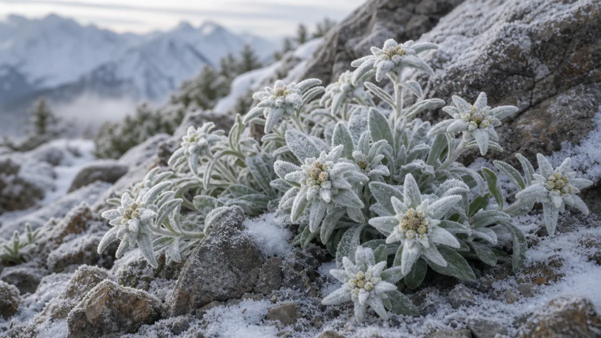 edelweiss plants thriving in a alpine rock garden in winter, soft diffused…