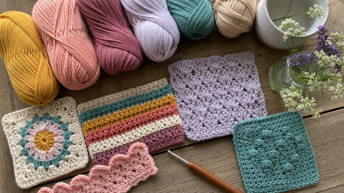 a flat lay of colorful yarn skeins and crochet swatches on a…