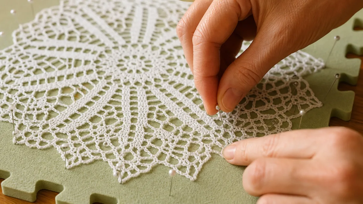close-up of hands pinning a delicate white crochet lace doily onto foam…