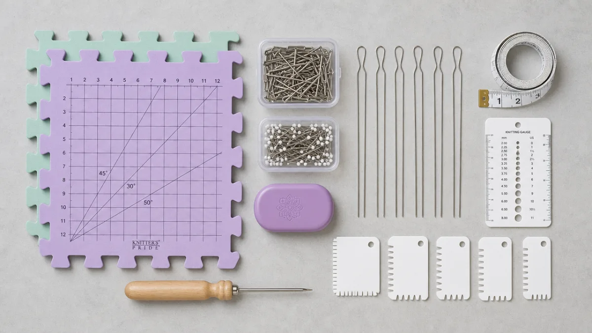 organized flat lay of blocking tools including foam mats pins and measuring…