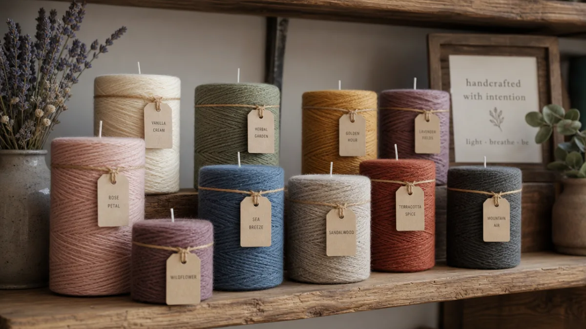 a collection of yarn-wrapped candles in various colors displayed on a rustic…