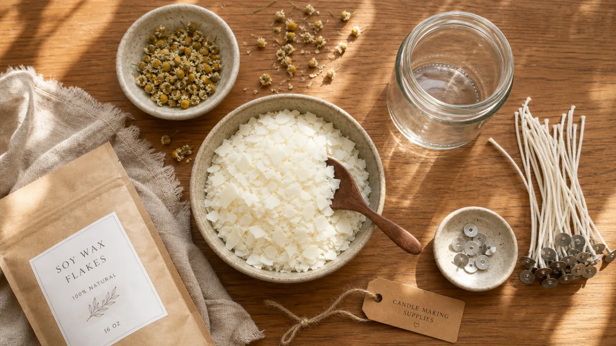 a flat lay of candle making supplies including soy wax flakes, chamomile…