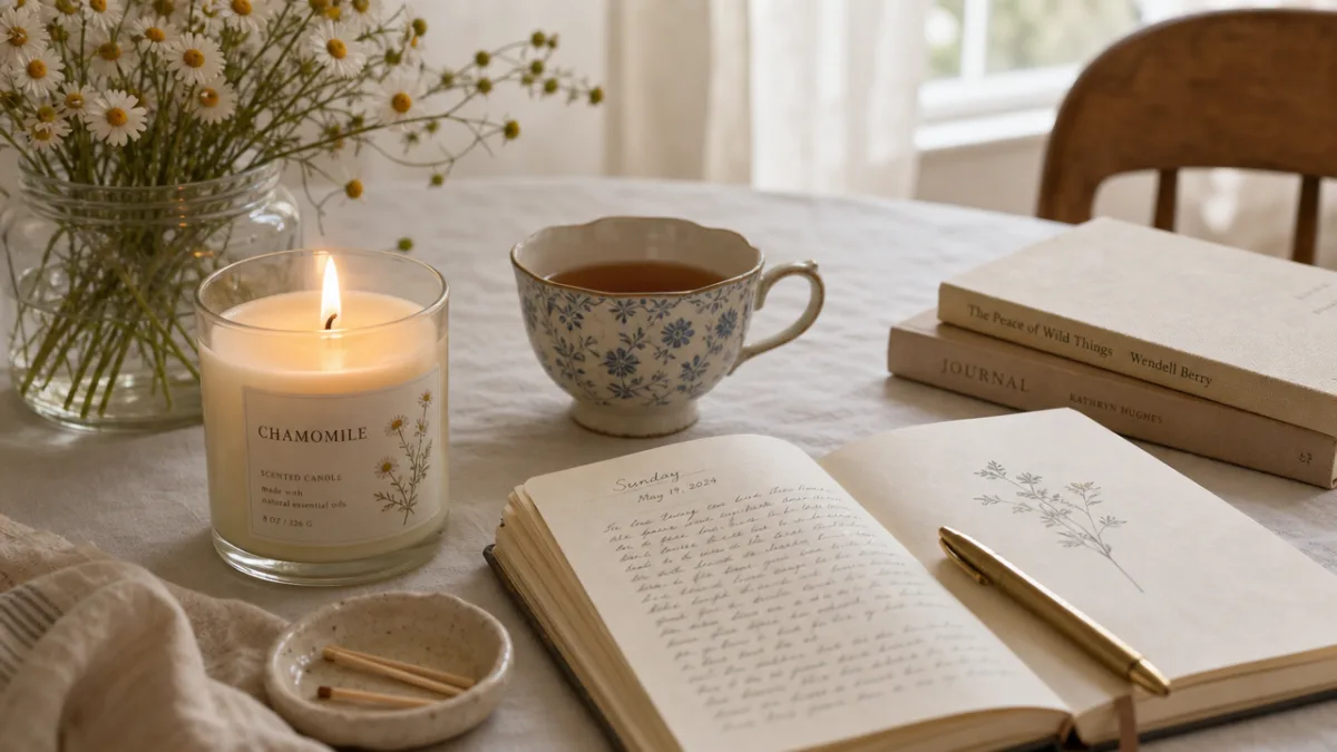 a cozy Sunday morning scene with a chamomile candle burning beside a…