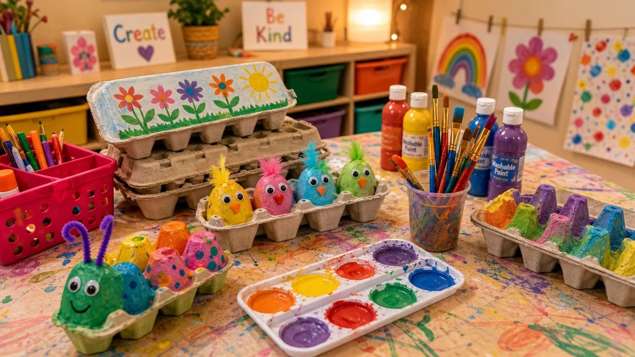 a colorful children's craft table covered with egg cartons, paint, and brushes,&hellip;
