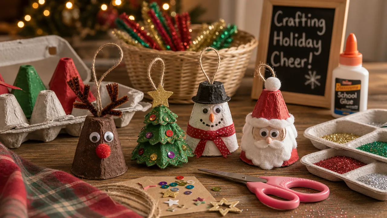 a festive craft table with egg carton holiday ornaments, glitter and scissors,&hellip;