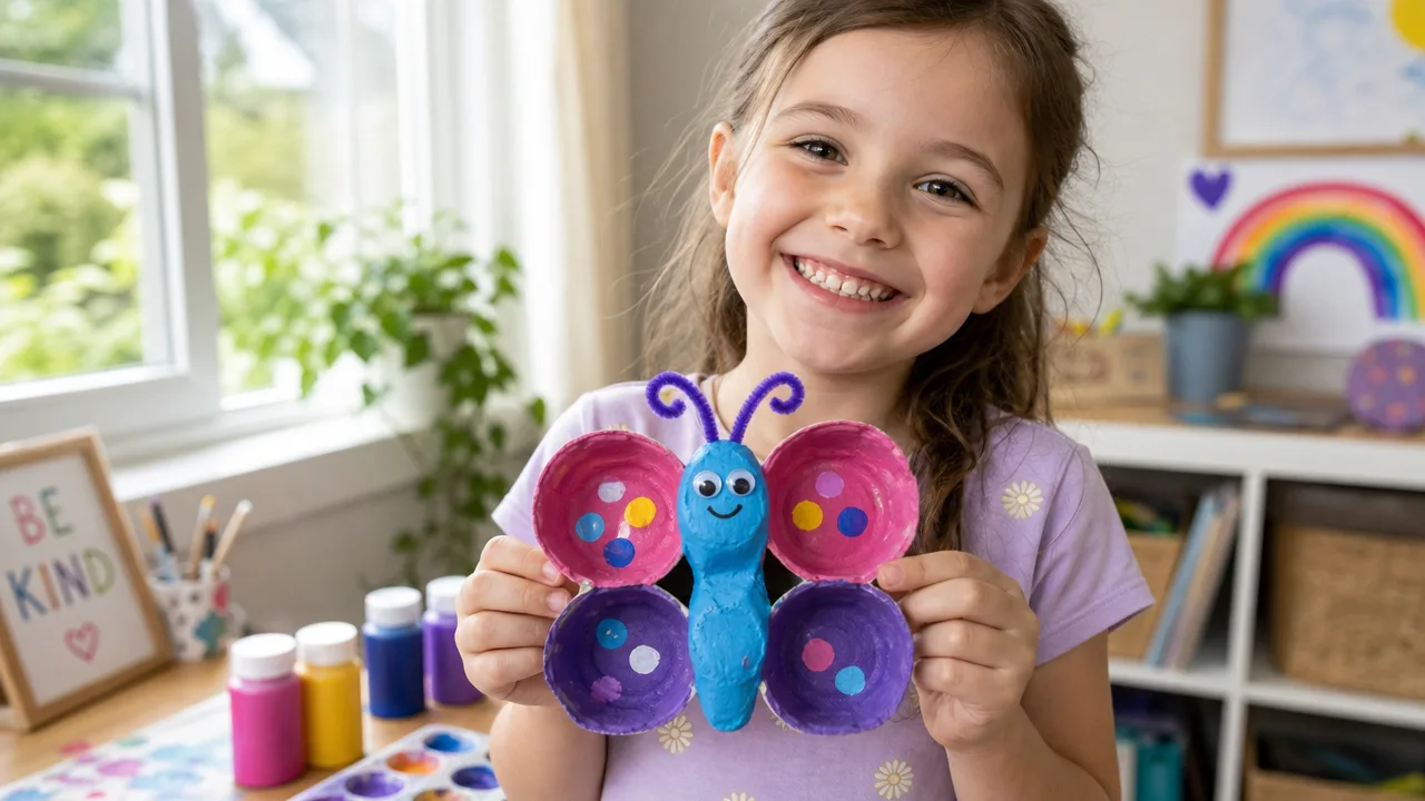a smiling child proudly holding a painted egg carton butterfly craft, bright&hellip;
