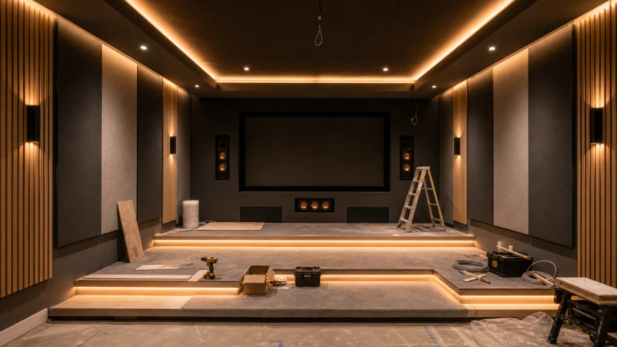 a spacious home theatre room under construction showing acoustic panels on walls,…