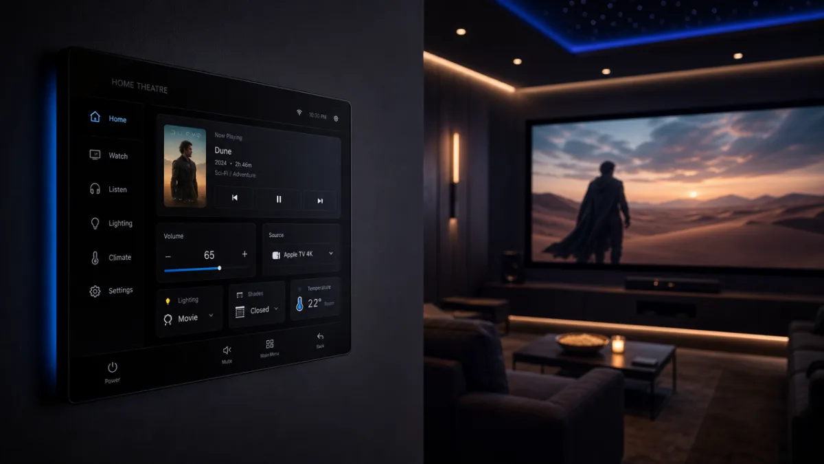 a modern smart home theatre control panel glowing softly in a dark…