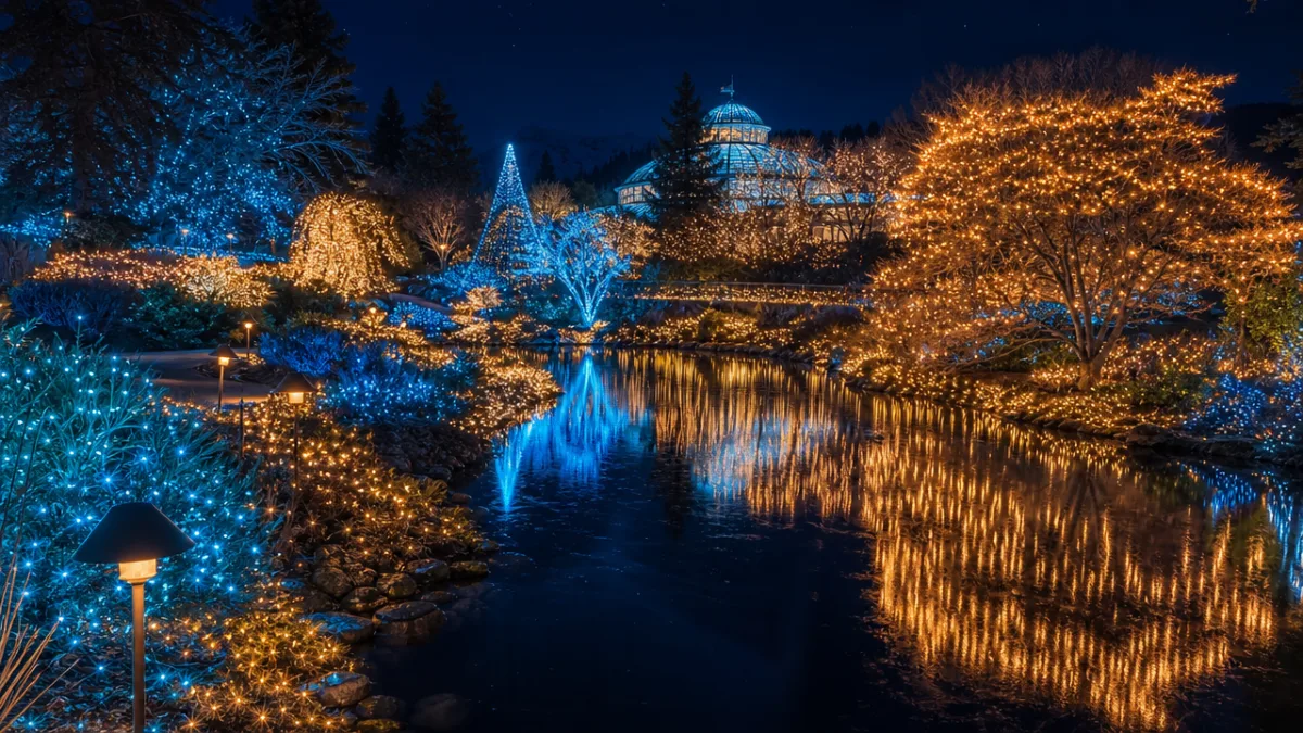 an enchanting botanical garden at night with millions of twinkling lights reflected…