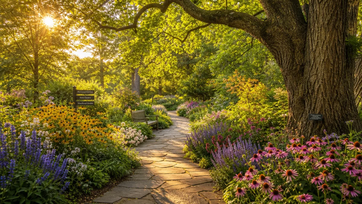 a sun-drenched botanical garden pathway lined with vibrant flowering perennials and ancient…