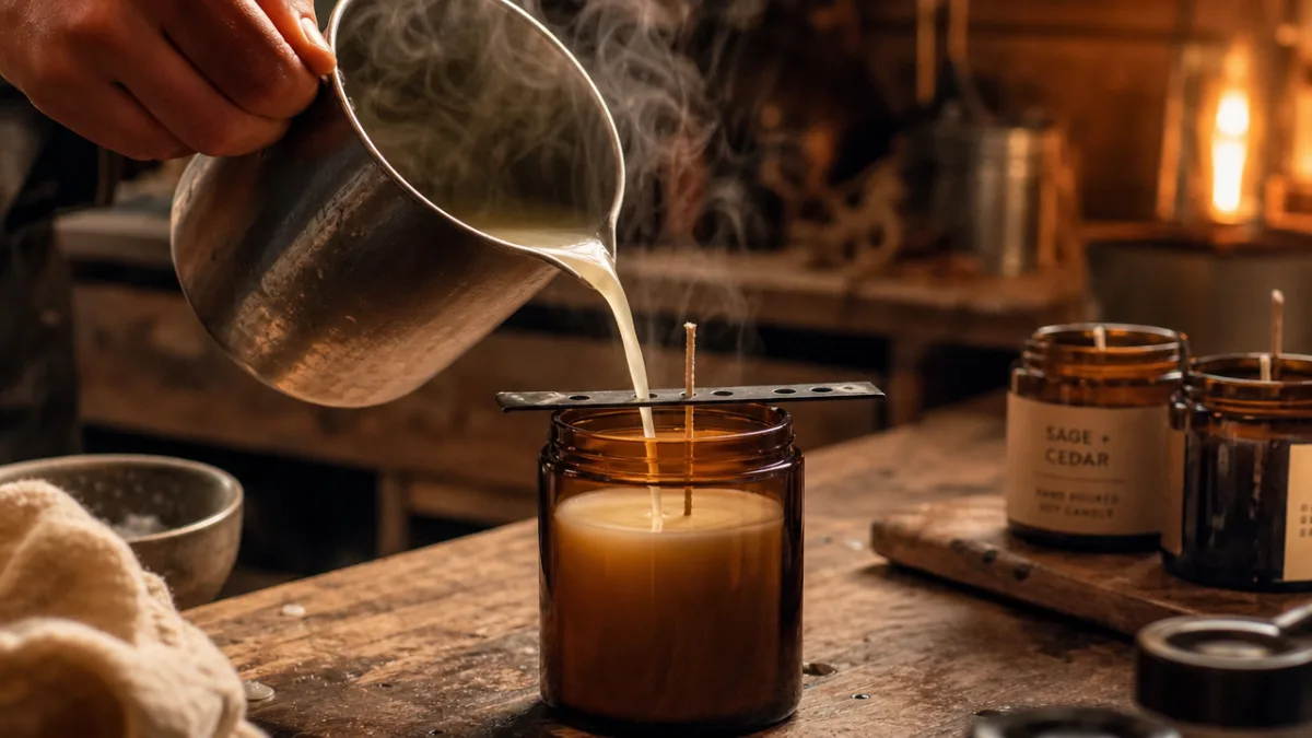 a close-up of a hand-poured soy candle being made in a rustic…
