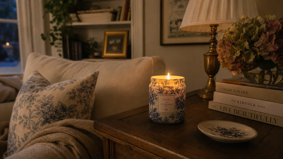 a cozy living room corner with a lit toile jar candle glowing…