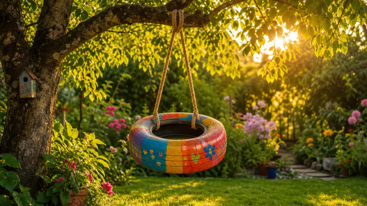 a colorful painted tire swing hanging from a tree branch in a…
