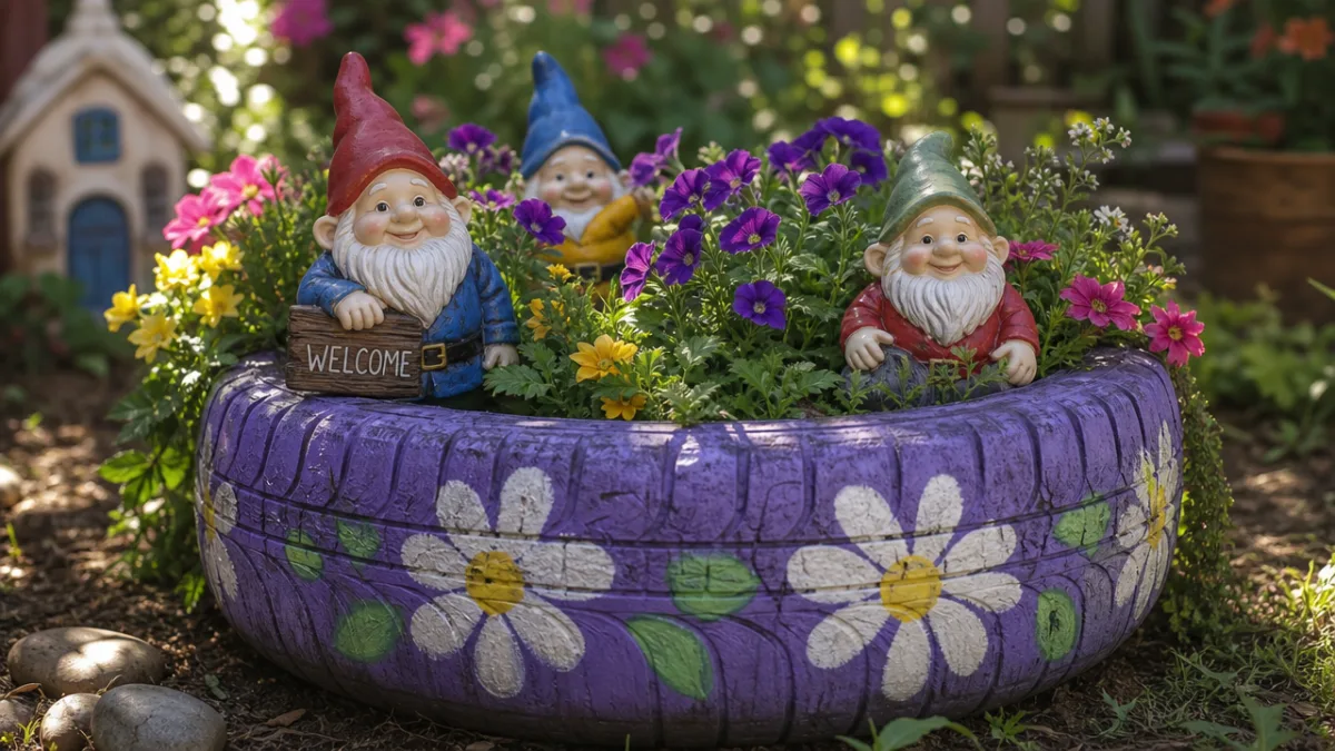 a close-up of a whimsical tire planter filled with colorful flowers and…
