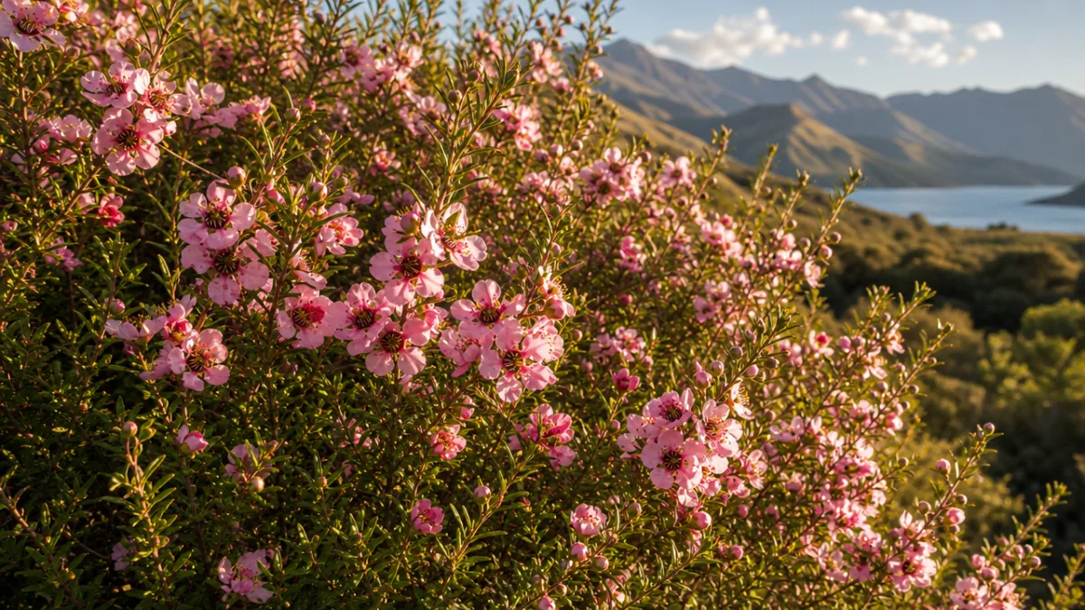 a lush New Zealand tea tree shrub covered in pink blossoms outdoors,…