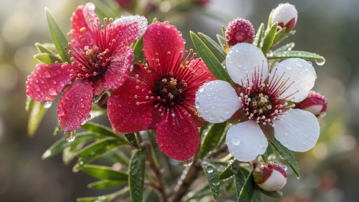 close-up of red and white New Zealand tea tree flowers with dewdrops,…