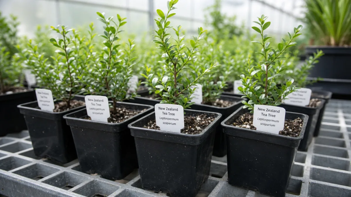 small potted New Zealand tea tree seedlings on a greenhouse bench, bright…