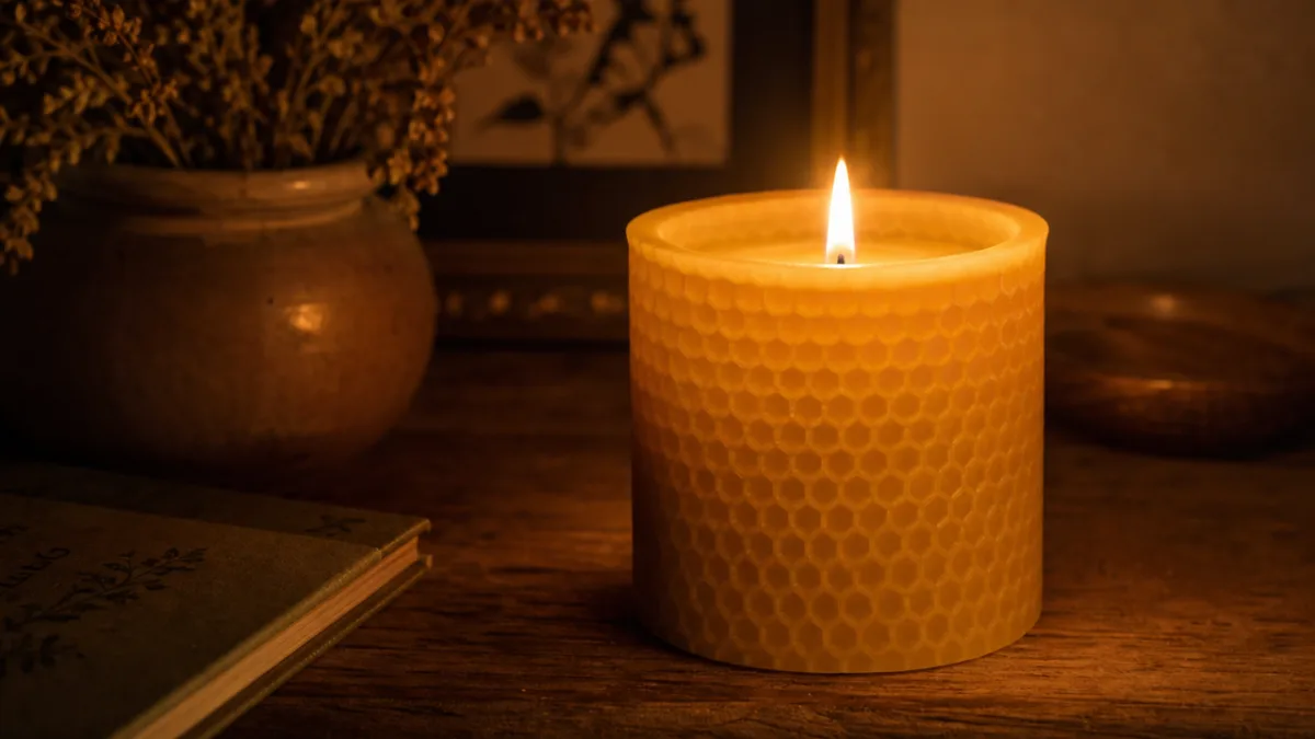 a golden beeswax tumbler candle glowing softly on a wooden surface, warm…