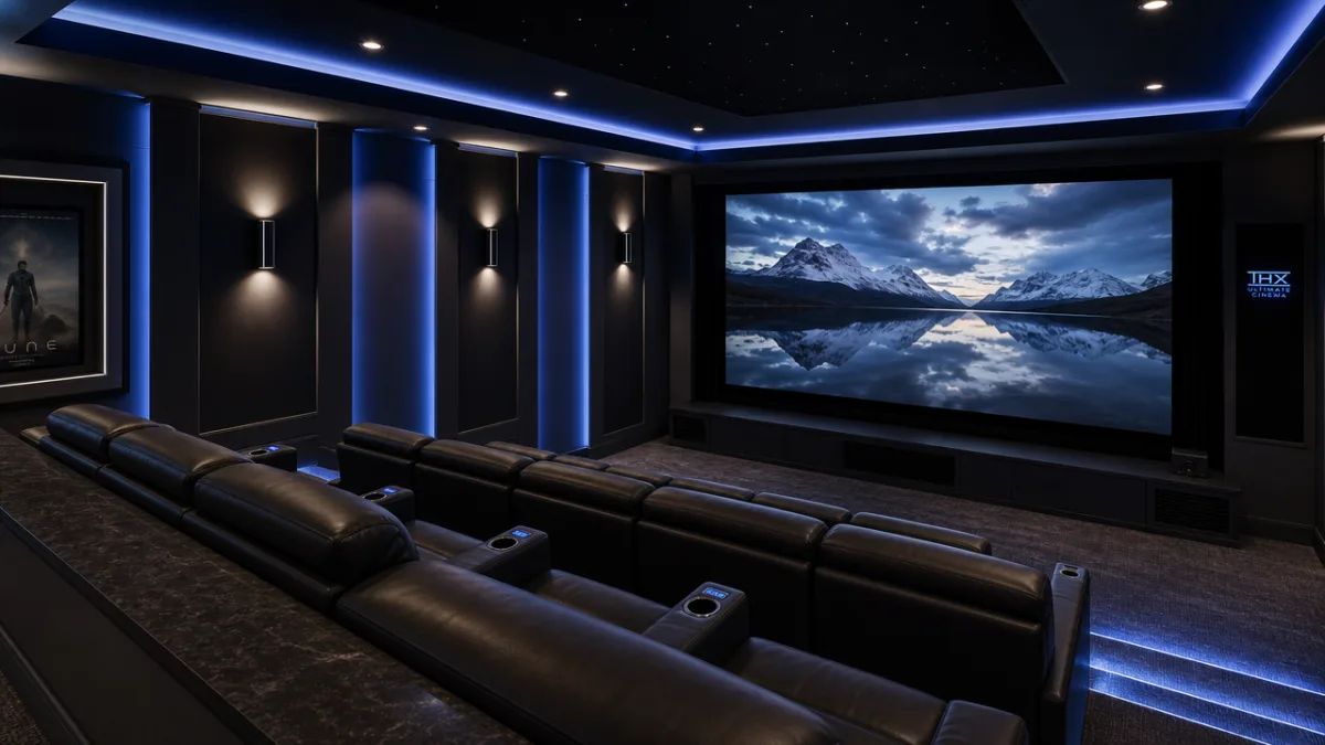 a sleek home theater interior with tiered seating, ambient blue lighting, and…