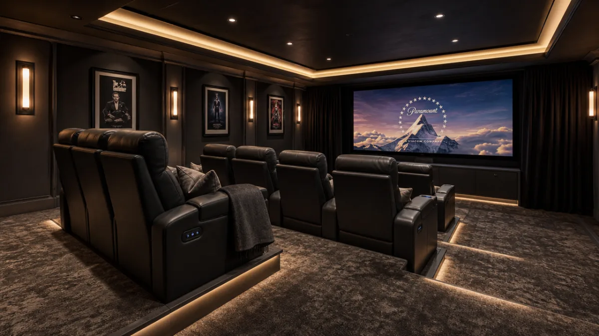 a finished home theater with stadium-style recliner seating, warm ambient lighting, and…